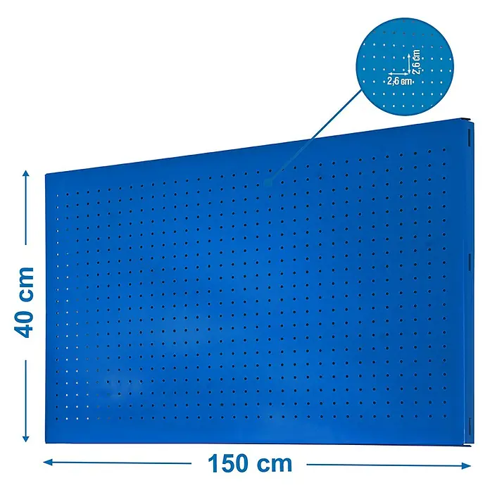 Simonrack Simonwork Panel perforado - Ancho: 40 cm, Altura: 150 cm, Azul - Tablero perforado azul con dimensiones. El tablero mide 150 cm de ancho y 40 cm de alto, con agujeros espaciados a 2,6 cm.
