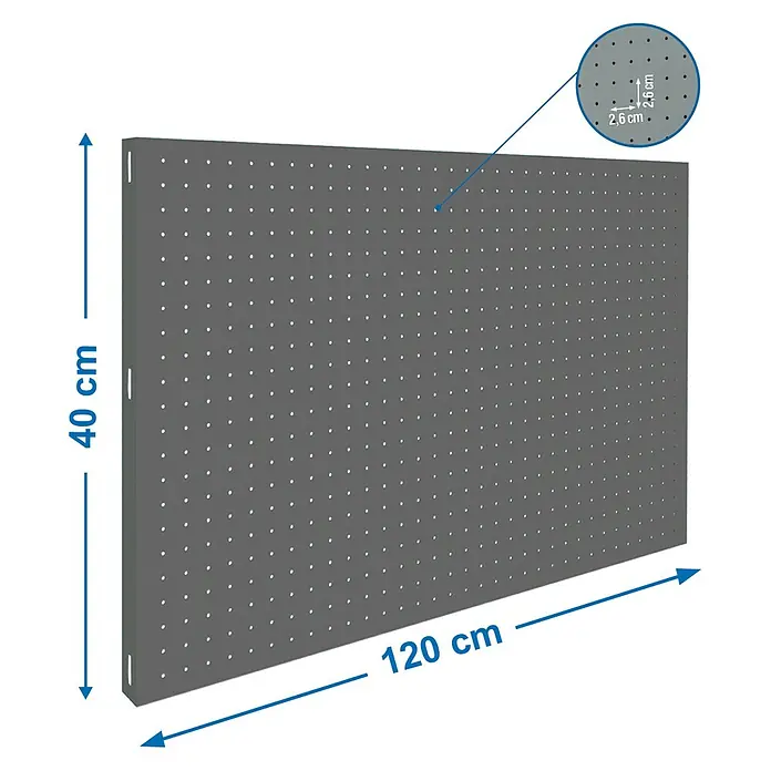 Simonrack Simonwork Panel perforado - Ancho: 40 cm, Altura: 120 cm, Gris - Imagen de una pared de herramientas gris que mide 120 x 40 cm con una separación de orificios de 2,6 cm.