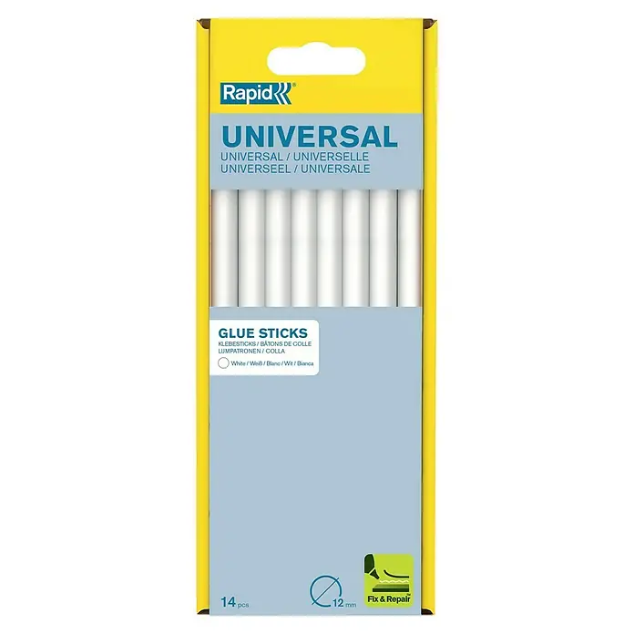 Rapid Barras termoadhesivas - 250 g - Paquete de barras de pegamento Universal Rapid, 14 unidades, color blanco, diámetro 12 mm, aptas para reparación.