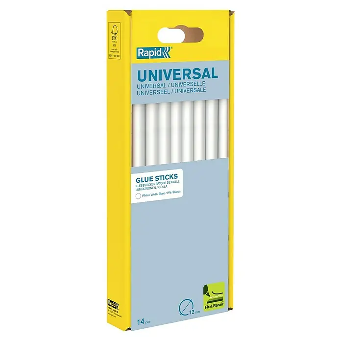 Rapid Barras termoadhesivas - 250 g - Paquete de barras de pegamento Universal Rapid, con 14 barras de pegamento blancas para uso versátil en manualidades y tareas domésticas.