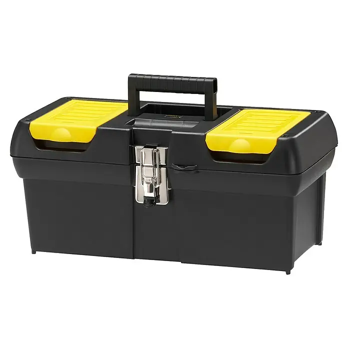 Stanley Caja para herramientas Millenium - L x An x Al: 41,1 x 18,5 x 19,9 cm, 16″, Plástico - Caja de herramientas negra con detalles amarillos y asa resistente, ideal para guardar herramientas y accesorios de forma segura.