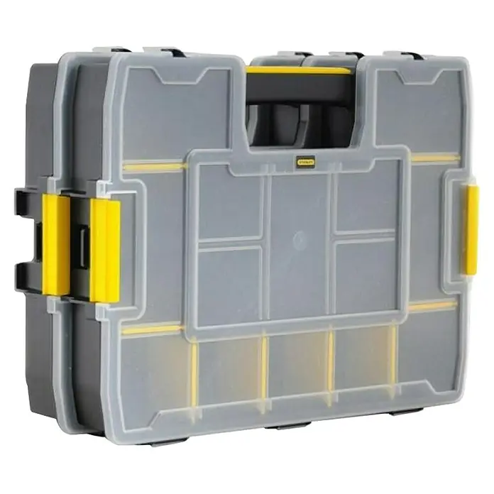 Estuche para piezas pequeñas Sortmaster Junior - 2 pzs. - Organizador Stanley gris con detalles amarillos, ideal para almacenar herramientas y piezas pequeñas. Práctico y robusto.