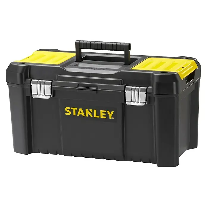 Stanley Caja para herramientas Mega Cantilever - 19'', 48,2 x 25,4 x 25 cm - Una caja de herramientas Stanley negra con detalles amarillos y un asa de transporte resistente. Ideal para guardar herramientas.