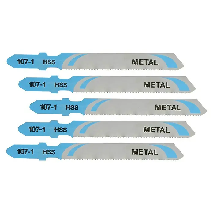 DeWalt Hoja de sierra de calar DT2162-QZ - Metal - Cinco hojas de sierra para metales etiquetadas como 107-1 HSS con la palabra METAL, adecuadas para cortar metal.