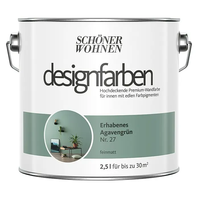 SCHÖNER WOHNEN-Farbe Wandfarbe Designfarbe - Erhabenes Agavengrün, Matt, 2,5 l, Konservierungsmittelfrei - Dose Schöner Wohnen Designfarben "Erhabenes Agavengrün Nr. 27", eine hochwertige, matte Innenwandfarbe für ein stilvolles Zuhause.
