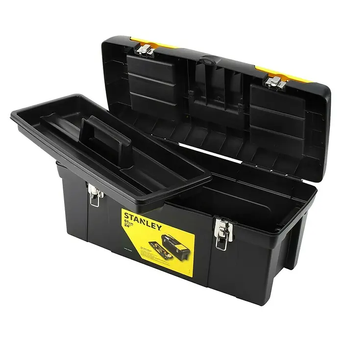 Stanley Caja para herramientas Millenium - L x An x Al: 61 x 28,4 x 27 cm, 24'', Plástico - Caja de herramientas Stanley negra abierta con detalles amarillos y bandeja para herramientas extraíble.