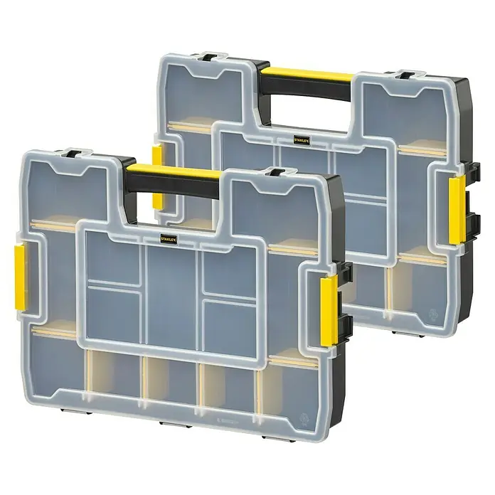 Estuche para piezas pequeñas Sortmaster Junior - 2 pzs. - Dos cajas de herramientas Stanley transparentes con detalles amarillos, ideales para guardar pequeñas piezas y herramientas. Prácticas y bien organizadas.