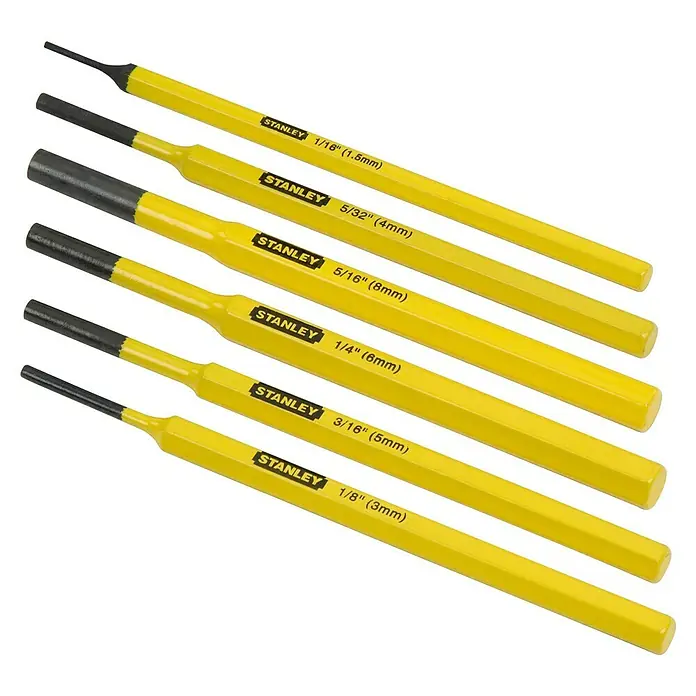 Stanley Set de cinceles y punzones - 6 pzs., Acero - Juego de botadores Stanley amarillos en varios tamaños, desde 1/16" (1,5 mm) hasta 5/16" (8 mm), para artesanos profesionales y aficionados al bricolaje.