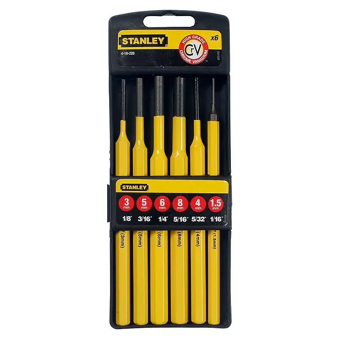 Stanley Set de cinceles y punzones - 6 pzs., Acero - El juego de punzones Stanley de 6 piezas, fabricado con acero al cromo vanadio de alta calidad, ideal para trabajos precisos y rendimiento duradero.