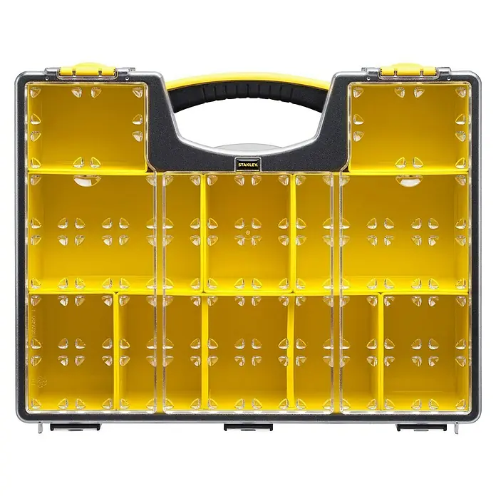 Stanley FatMax Estuche para piezas pequeñas 1-92-749 - Número de compartimentos: 8 ud., Profundo - Caja de herramientas Stanley amarilla con tapa transparente y asa negra para guardar piezas pequeñas.