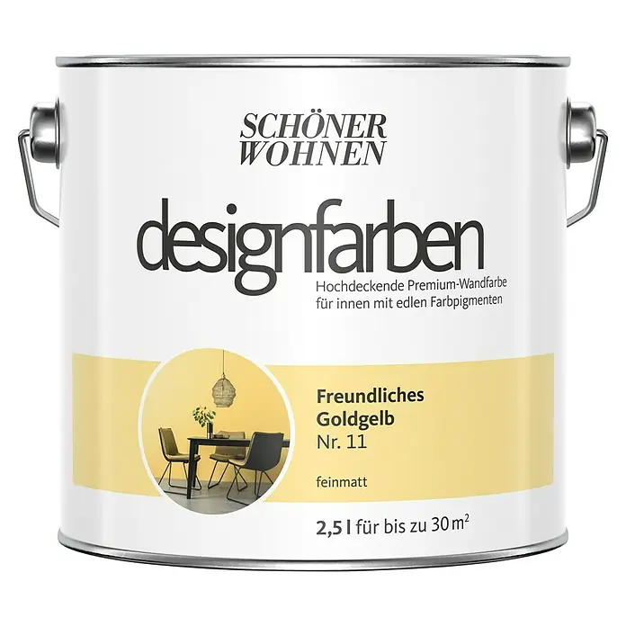 SCHÖNER WOHNEN-Farbe Wandfarbe Designfarbe - Freundliches Goldgelb, Matt, 2,5 l, Konservierungsmittelfrei - Dose Schön Wohnen Designfarben, freundliches Goldgelb Nr. 11, feinmatt, 2,5l für bis zu 30m². Hochdeckende Premium-Wandfarbe.