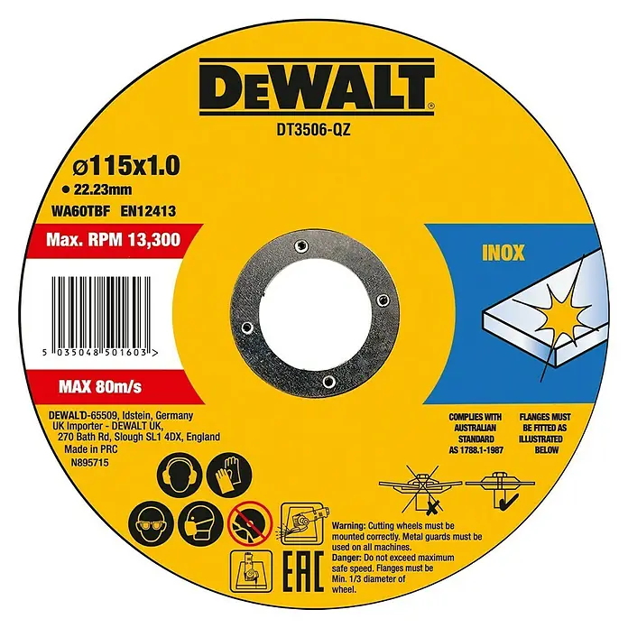 DeWalt Fast Cut Disco de corte DT3506-QZ - Orificio: 22,23 mm - Primer plano de un disco de corte amarillo Dewalt DT3506-QZ, ideal para cortar Inox, con un diámetro de 115mm y una RPM máxima de 13.300.