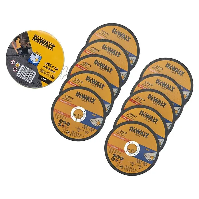 DeWalt Fast Cut Disco de corte DT3507-QZ - Orificio: 22,23 mm - Juego de discos de corte DeWalt: 10 discos, 125 x 1.0 mm, aptos para procesamiento de metal a alta velocidad.
