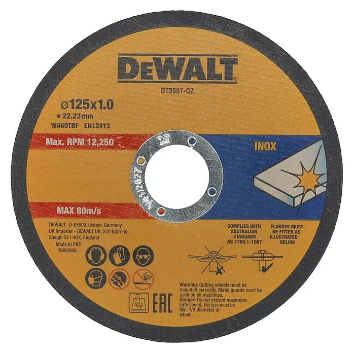 DeWalt Fast Cut Disco de corte DT3507-QZ - Orificio: 22,23 mm - Disco de corte DeWalt DT3507-QZ, de tamaño 125x1.0, con especificaciones de velocidad, seguridad y cumplimiento.