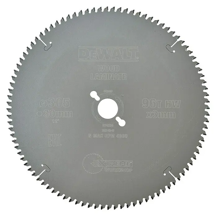 DeWalt Disco de sierra DT4290-QZ - Diámetro: 305 mm, Orificio: 30 mm, 96 ud. - Una hoja de sierra plateada DEWALT de 96 dientes diseñada para madera y laminado, con un diámetro de 305 mm.