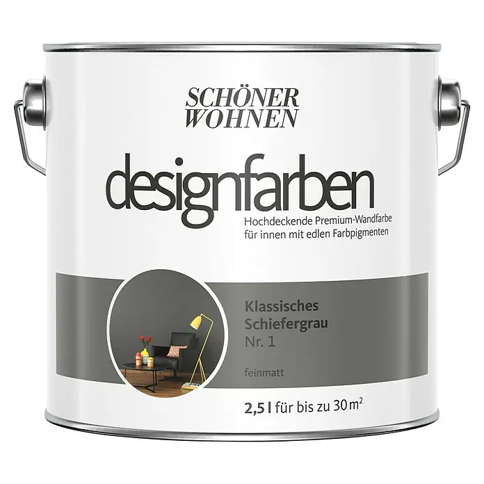 SCHÖNER WOHNEN-Farbe Wandfarbe Designfarbe - Klassisches Schiefergrau, Matt, 2,5 l, Konservierungsmittelfrei - Farbdose Schöner Wohnen Designfarben, Farbton Klassisches Schiefergrau Nr. 1, Inhalt 2,5l für Innenräume.