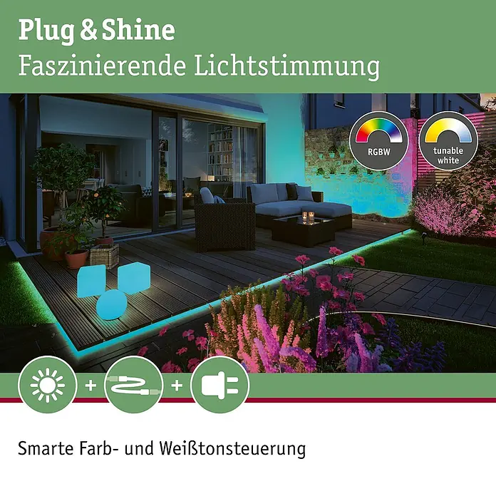 Paulmann Plug & Shine LED-Band Smooth Stripe - Länge: 10 m, RGBW, 1.400 lm, 24 V - Plug & Shine Lichtsystem für stimmungsvolle Beleuchtung im Außenbereich, mit smarter Farb- und Weißtonsteuerung für individuelle Anpassung.