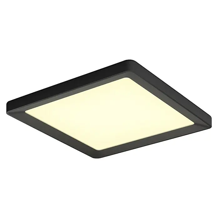 Philips Hue LED-Panel White Ambiance Tento S - 10,6 W, L x B x H: 29,5 x 29,5 x 3,5 cm, Schwarz, Kaltweiß - Nahaufnahme einer quadratischen LED-Deckenleuchte mit schwarzem Rahmen und warmweißem Licht, ideal für moderne Innenräume.