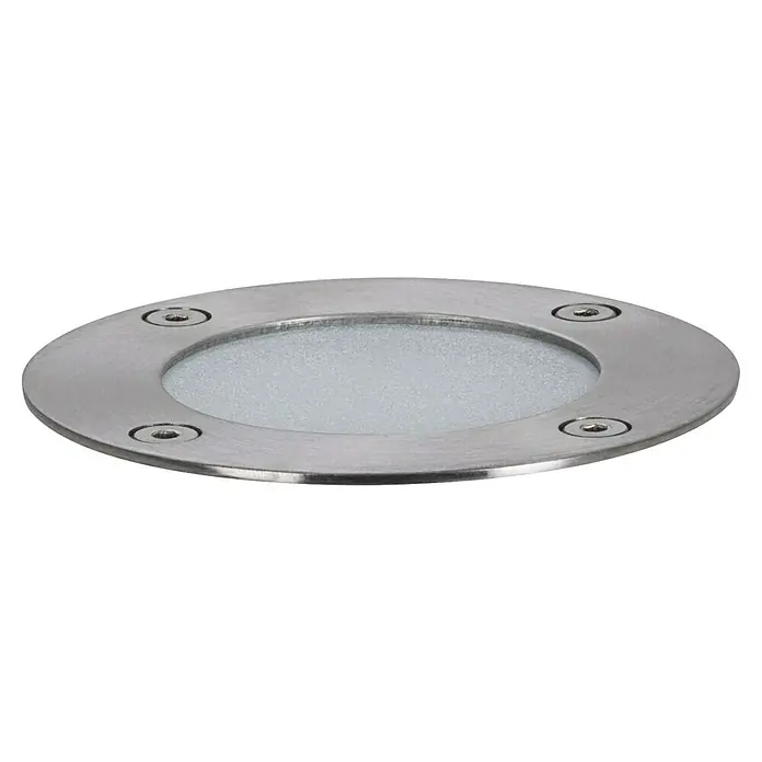 Paulmann Plug & Shine Set básico Floor - Gris, IP67, Diámetro: 9,8 cm, 3 ud. - Primer plano de una luminaria empotrada con bisel redondo de acero inoxidable y cubierta de vidrio esmerilado, fijada con cuatro tornillos.