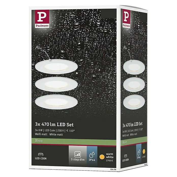 Paulmann Nova LED-Einbauleuchten-Set rund Coin - 3 W, Weiß matt, 3 Stk., Warmweiß - Bild einer Paulmann Nova LED-Leuchte, 3er-Set, mit 470 Lumen, 6 Watt und warmweißem Licht für eine stilvolle Beleuchtung.