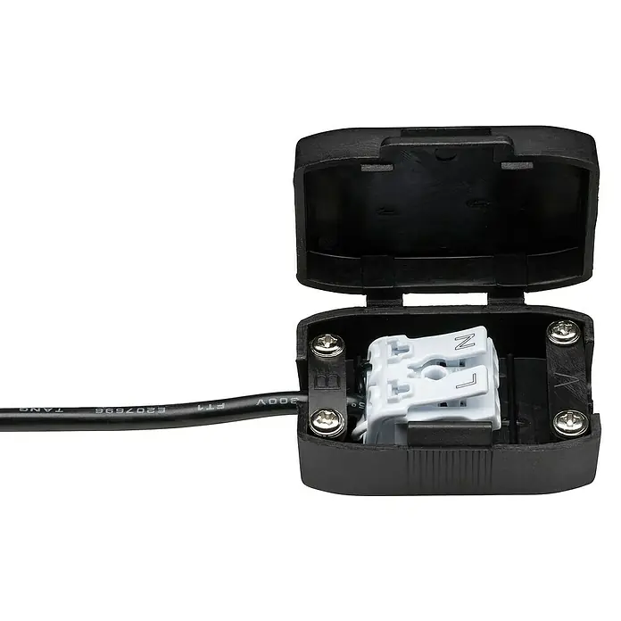 Paulmann Nova LED-Einbauleuchten-Set rund Coin - 3 W, Weiß matt, 3 Stk., Warmweiß - Eine schwarze Verteilerdose mit geöffnetem Deckel, in der sich ein weißer Anschlussblock befindet.