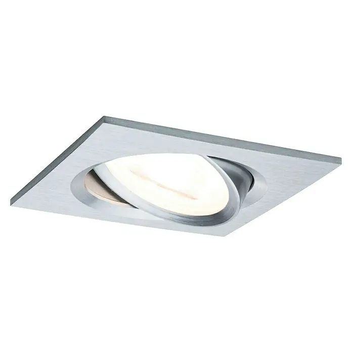 Paulmann Nova LED-Einbauleuchten-Set Coin - L x B x H: 8,4 x 8,4 x 4,5 cm, Alu gedreht, 3 Stk., Warmweiß, Dimmbar - Nahaufnahme einer eckigen Deckeneinbauleuchte mit einem schwenkbaren, runden Leuchtmittel. Das Gehäuse ist aus gebürstetem Metall gefertigt.
