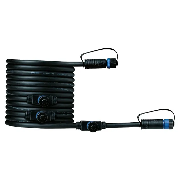 Paulmann Plug & Shine Verbindungskabel - 5 m, 4 Anschlüsse, IP68 - Eine gewickelte schwarze Kabelbaugruppe mit blauen Anschlüssen und wasserdichten Verbindungsstücken für den sicheren Gebrauch im Freien.