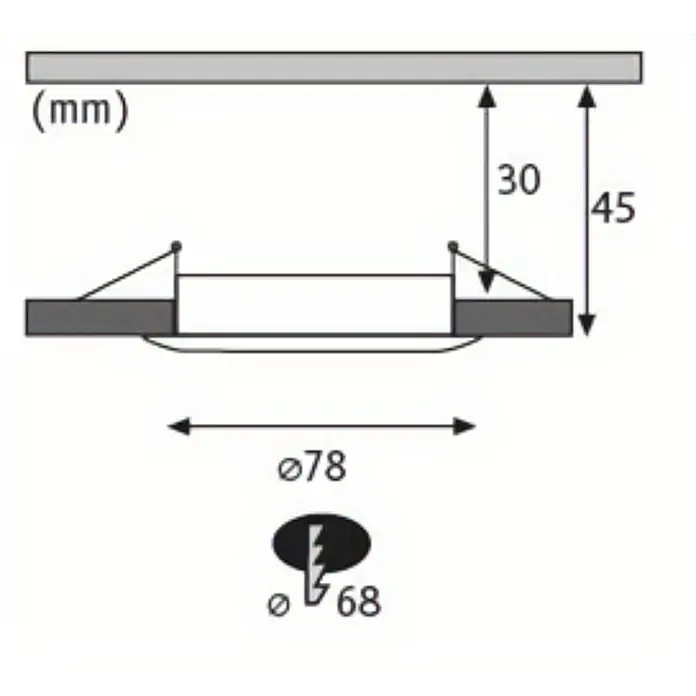 Paulmann Nova LED-Einbauleuchten-Set rund Coin - 3 W, Weiß matt, 3 Stk., Warmweiß - Abbildung eines runden LED-Einbaustrahlers mit Maßangaben für Durchmesser (78mm) und Einbauhöhe (30-45mm), sowie Lochsägegröße (68mm).