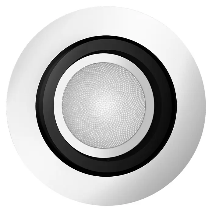 Philips Hue LED-Einbauspot White Ambience Recessed Milliskin - 4,2 W, Ø x H: 9 x 10 cm, Alu, 1 Stk., Kaltweiß - Nahaufnahme einer runden Deckenleuchte mit weißem Rand, schwarzem Ring und strukturierter, runder Lichtfläche. Modernes Design für Innenräume.
