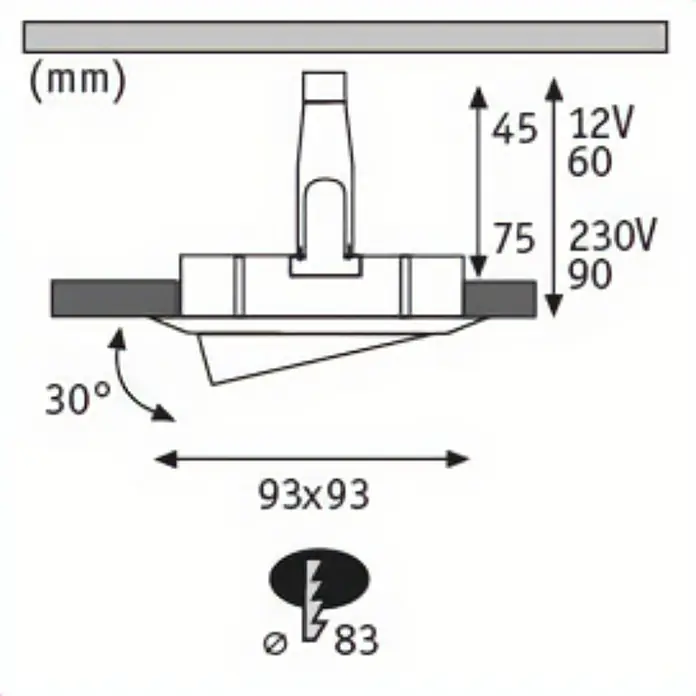 Paulmann Nova Einbauleuchten-Set eckig Plus - L x B x H: 9,3 x 9,3 x 6 cm, Weiß/ Chrom - Schemazeichnung einer Leuchte mit den Maßen 93x93mm, einem Durchmesser von 83mm und einem Neigungswinkel von 30°.