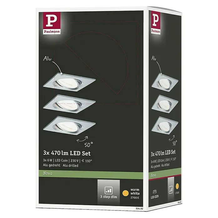 Paulmann Nova LED-Einbauleuchten-Set Coin - L x B x H: 8,4 x 8,4 x 4,5 cm, Alu gedreht, 3 Stk., Warmweiß, Dimmbar - Verpackung der Paulmann Nova LED-Einbaustrahler, 3er-Set mit 470 Lumen, warmweißem Licht (2700K), 3-Stufen-Dimmung und Alu-gebürstetem Design.