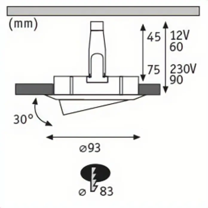 Paulmann Nova LED-Einbauleuchte rund Plus - 35 W, Ø x H: 9,3 x 4,5 cm, Weiß/ Chrom - Technische Zeichnung einer Deckenleuchte mit Abmessungen und Symbolen, die ihre Eigenschaften und Installation veranschaulichen.