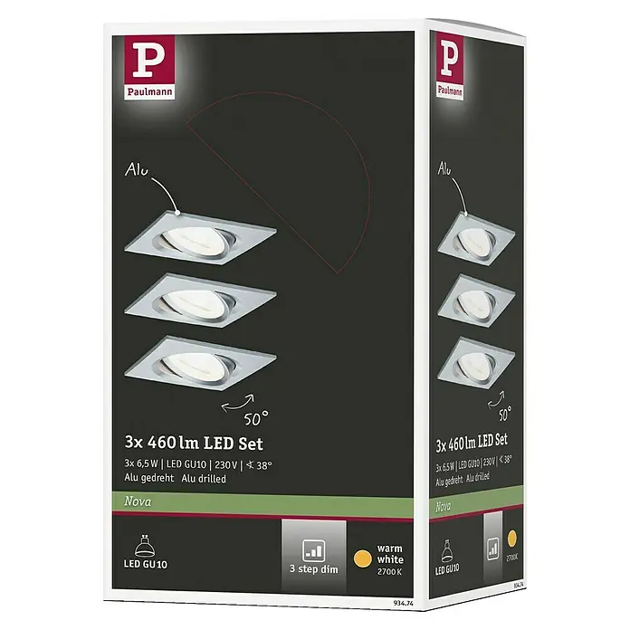 Paulmann Nova LED-Einbauleuchten-Set - L x B x H: 8,4 x 8,4 x 9 cm, 3 Stk., Warmweiß, Alu gedreht - Produktverpackung für ein 3er Set Paulmann Nova LED GU10 Einbaustrahler, Aluminium, 3-Stufen-Dimmfunktion, warmweißes Licht (2700K).