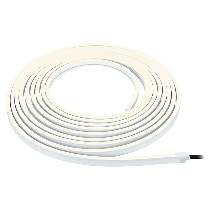 Paulmann Plug & Shine LED-Band Smooth Stripe Outdoor - Länge: 10 m, Lichtfarbe: Warmweiß, 1.540 lm, 24 V, 46 W - Ein aufgerolltes LED-Band in Weiß mit einem Anschlussstück am Ende, ideal für indirekte Beleuchtung und dekorative Zwecke im Innenbereich.