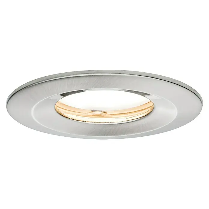Paulmann Nova LED-Einbauleuchten-Set rund Plus Coin - Ø x H: 7,8 x 4,5 cm, Eisen gebürstet, 1 Stk., Warmweiß - Nahaufnahme einer runden Einbauleuchte mit gebürsteter Metalloberfläche und warmem Lichtschein für eine elegante Beleuchtung.
