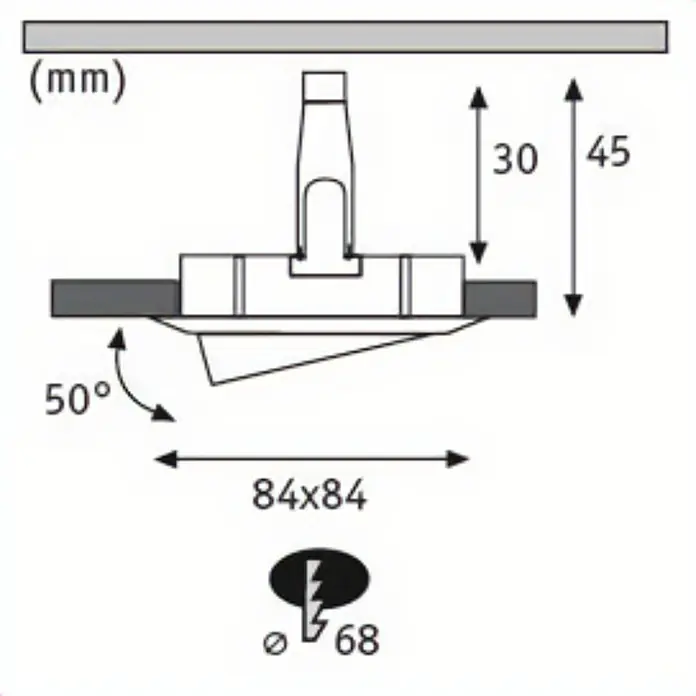 Paulmann Nova LED-Einbauleuchten-Set Coin - L x B x H: 8,4 x 8,4 x 4,5 cm, Weiß matt, 3 Stk., Warmweiß, Dimmbar - Skizze einer verstellbaren Einbauleuchte mit den Maßen 84x84mm, einer Höhe von 45mm und einem Lochdurchmesser von 68mm.