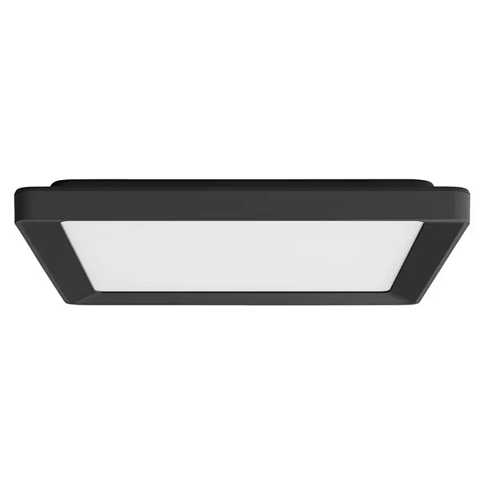 Philips Hue LED-Panel White Ambiance Tento S - 10,6 W, L x B x H: 29,5 x 29,5 x 3,5 cm, Schwarz, Kaltweiß - Diese Nahaufnahme zeigt eine quadratische Deckenleuchte mit einem schwarzen Rahmen und einem hellen, diffusen Lichtpaneel. Das Design ist modern und minimalistisch.