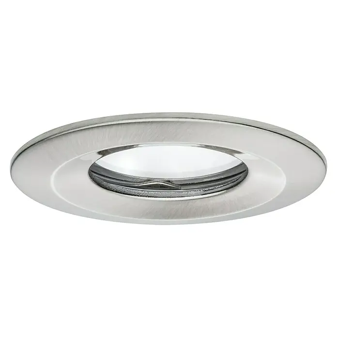 Paulmann Nova LED-Einbauleuchten-Set rund Plus Coin - Ø x H: 7,8 x 4,5 cm, Eisen gebürstet, 1 Stk., Warmweiß - Nahaufnahme eines runden, eingelassenen Deckenstrahlers mit gebürsteter Metalloberfläche, der ein modernes und minimalistisches Design zeigt.