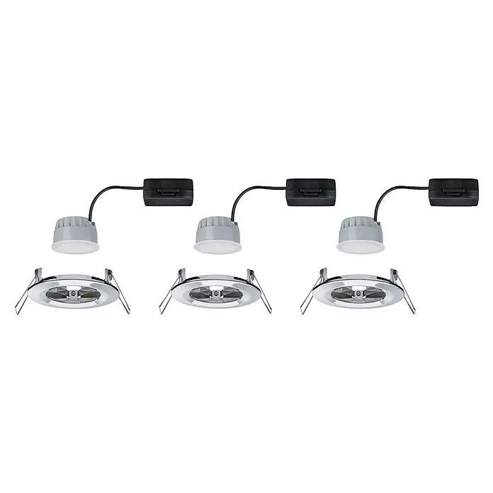 Paulmann Nova LED-Einbauleuchten-Set rund Coin - 3 W, Chrom, 3 Stk., Warmweiß - Ein Satz von drei modularen LED-Deckeneinbauleuchten mit Treibern und weißen Blenden, die eine moderne Beleuchtungslösung für Innenräume bieten.