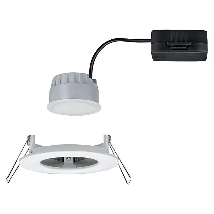 Paulmann Nova LED-Einbauleuchten-Set rund Coin - 3 W, Weiß matt, 1 Stk., Warmweiß - Nahaufnahme eines LED-Deckeneinbaustrahlers, bestehend aus einem schwarzen Treiber, einem grauen LED-Leuchtmittel und einer weißen Einbaublende mit Federn.