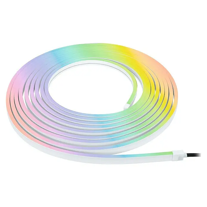 Paulmann Plug & Shine LED-Band Smooth Stripe - Länge: 10 m, RGBW, 1.400 lm, 24 V - Nahaufnahme einer LED-Lichterkette mit Regenbogenfarben aufgerollt auf schwarzem Hintergrund. Ideal für stimmungsvolle Beleuchtung.