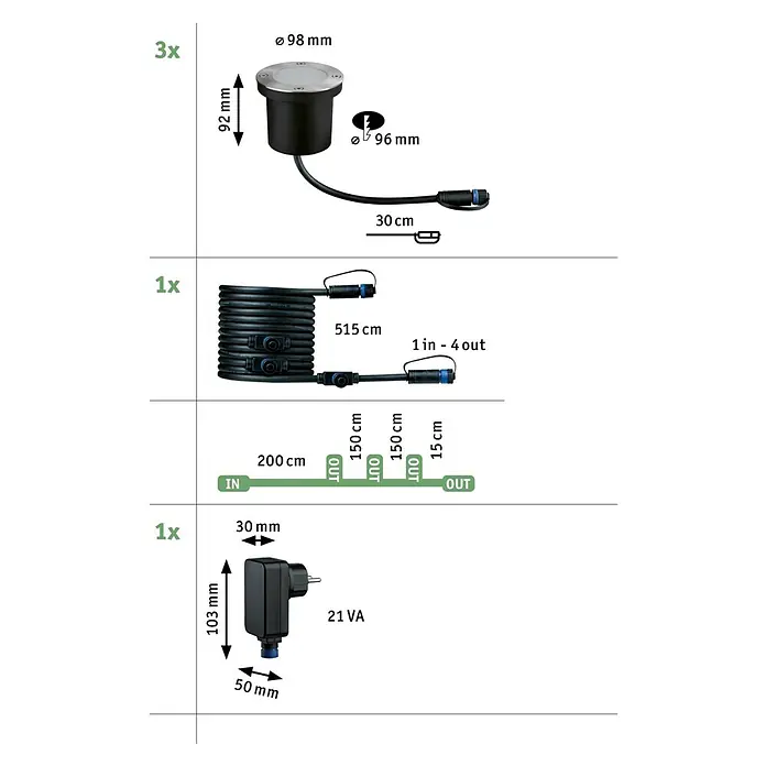 Paulmann Plug & Shine Basis-Set Floor insektenfreundlich - Anthrazit, IP67, Durchmesser: 9,8 cm, 3 Stk. - Abbildung eines Sets mit drei Bodeneinbaustrahlern, einem 515 cm langen 1-in-4-out-Kabels und einem 21 VA-Transformator mit detaillierten Maßangaben.