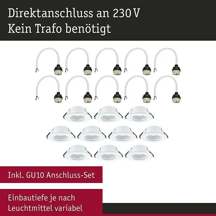 Paulmann Einbauleuchte - 9 cm, Weiß, 10 Stk., Starr - Das Bild zeigt ein Set von 10 GU10 Einbaustrahlern, die direkt an 230V angeschlossen werden können. Kein Trafo notwendig.