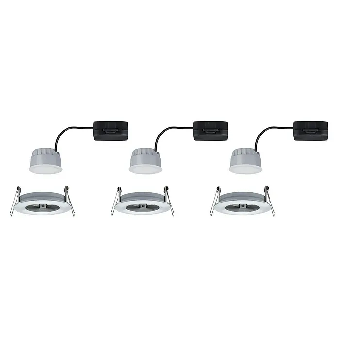 Paulmann Nova LED-Einbauleuchten-Set rund Coin - 3 W, Aluminium, 3 Stk., Warmweiß - Drei LED-Einbaustrahler-Sets mit grauen Lampenköpfen, schwarzen Treibern und silbernen Befestigungsringen für eine helle und moderne Beleuchtung.