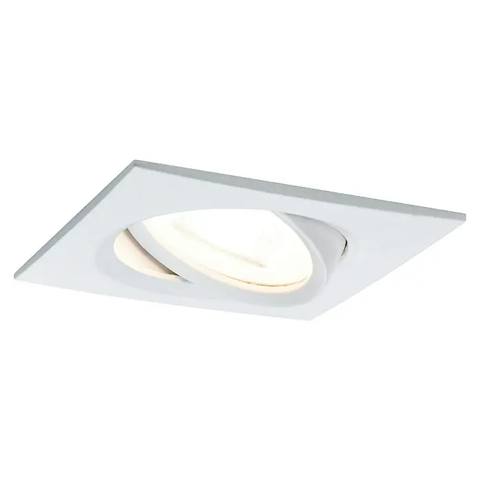 Paulmann Nova LED-Einbauleuchten-Set - L x B x H: 8,4 x 8,4 x 9 cm, 3 Stk., Warmweiß, Nicht Dimmbar, Weiß matt - Eine Nahaufnahme einer weißen, quadratischen LED-Einbauleuchte mit verstellbarem Scheinwerfer für eine individuelle Beleuchtung.