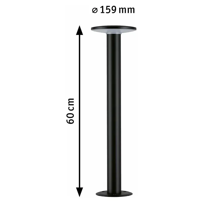 Paulmann Plug & Shine LED-Außenleuchte Plate - 5,5 W, RGBW, IP44, Farbtemperatur: 3.000 K - Abbildung einer schwarzen Pollerleuchte mit den Maßen 60 cm Höhe und 159 mm Durchmesser, ideal für Außenbereiche.