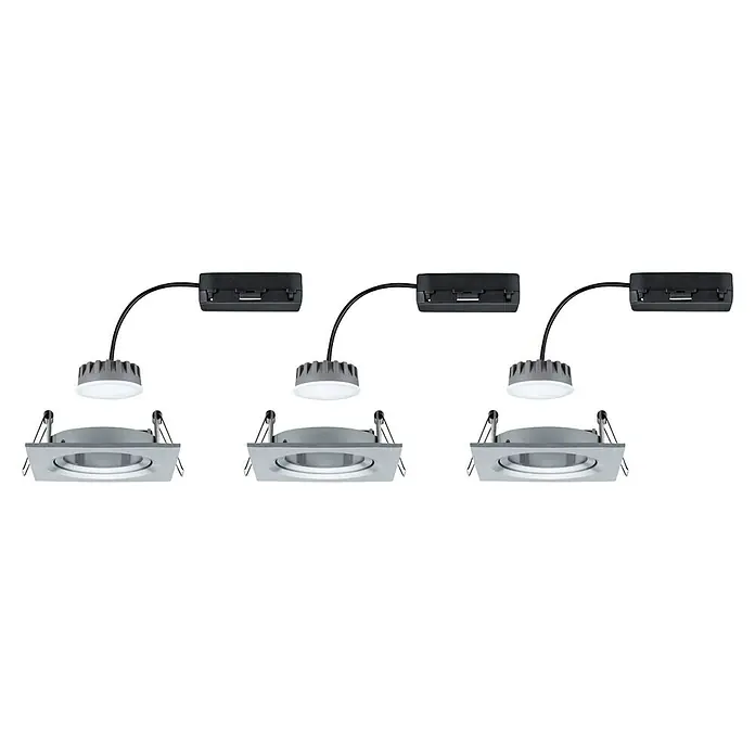 Paulmann Nova LED-Einbauleuchten-Set Plus Coin - L x B x H: 8,4 x 8,4 x 4,5 cm, 3 Stk., Lichtfarbe: Warmweiß, Alu gedreht - Die Abbildung zeigt ein LED-Deckeneinbausystem mit drei Leuchten, Stromkästen und quadratischen Blenden in Silber.