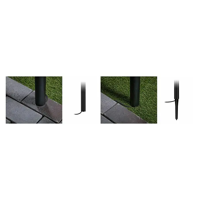 Paulmann Plug & Shine LED-Wegeleuchte Flarea - Schwarz, Höhe: 60 cm, Warmweiß - Detailaufnahme einer schwarzen Gartenleuchte auf Pflastersteinen und Rasen, die eine stimmungsvolle Beleuchtung im Außenbereich bietet.