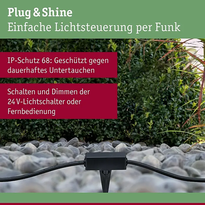 Paulmann Plug & Shine Dämmerungssensor Twilight - Kabellänge: 0,46 cm - Plug & Shine: Einfache Lichtsteuerung per Funk. IP-Schutz 68 schützt zuverlässig vor dauerhaftem Untertauchen. Schalten und Dimmen per Fernbedienung.