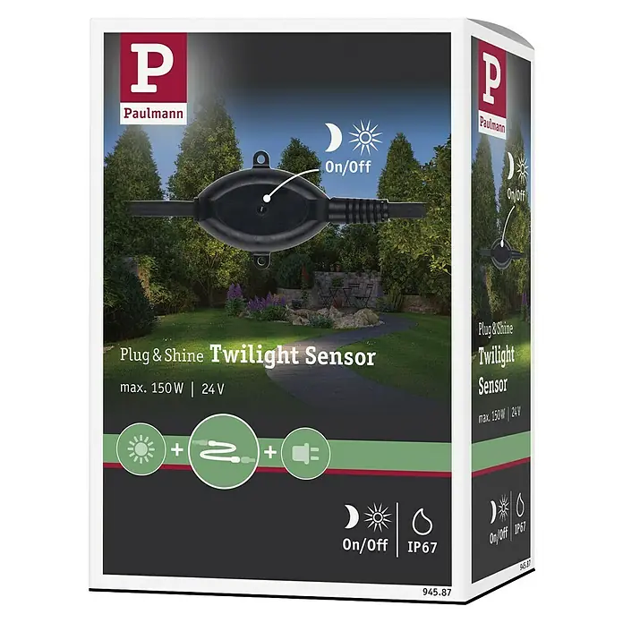 Paulmann Plug & Shine Dämmerungssensor Twilight - Kabellänge: 0,46 cm - Bild der Verpackung eines Paulmann Plug & Shine Dämmerungssensors, max. 150W, 24V, mit den Produktmerkmalen und dem Logo abgebildet.